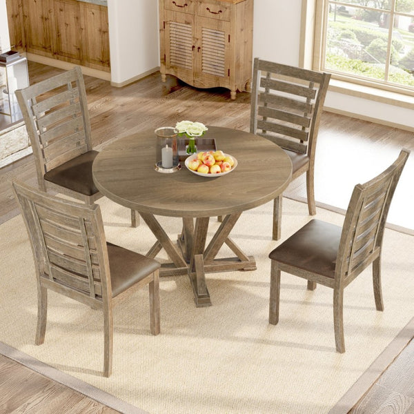 English Elm [5-Piece] Rustic Round Dining Table Set With Upholstered Chairs - Solid Wood, Farmhouse Charm & Comfort W2537S00001-GIGA