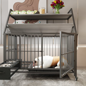 English Elm Large Pet Cage with Iron Frame Mdf Panels Storage Rack and Steel Feeding Basins Black,Gray+Charcoal W3064P245387