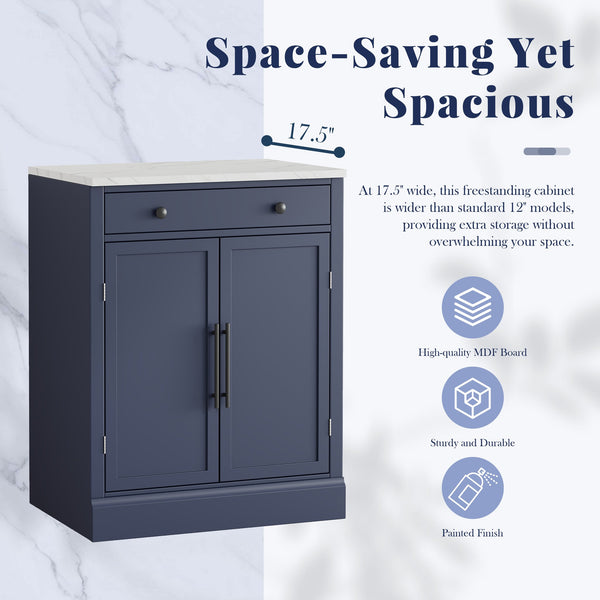 English Elm [Assembly Modern Freestanding Kitchen Pantry with Faux Marble Top, Set of 2 Cabinets with Drawer, Adjustable Shelves, Sleek Durable Design for Dining Room and Coffee Bar Blue SP000074AAC