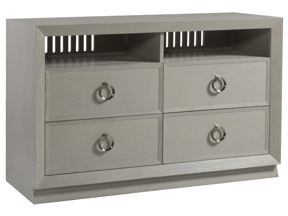 Lexington Artistica Home Zeitgeist White Media Console - Stunning Architectural Design With Drawers, Open Compartments & Unique Finishes Antiqued White Wood 2140-907