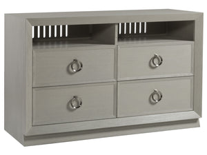 Lexington Artistica Home Zeitgeist White Media Console - Stunning Architectural Design With Drawers, Open Compartments & Unique Finishes Antiqued White Wood 2140-907