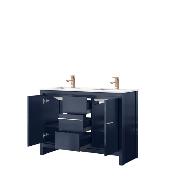 English Elm Navy Blue Double Bath Vanity With Cultured Marble Top & Rose Gold Faucet - Elegant Storage Solution B2731P259402