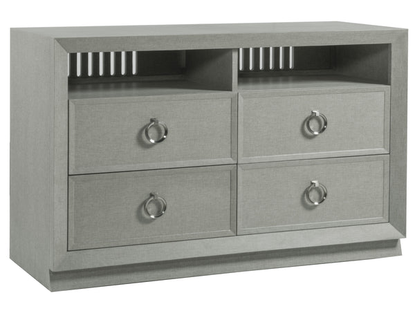 Lexington Artistica Home Zeitgeist Linen Media Console - Elegant Mixed Media Design With Self-closing Drawers & Open Compartments Antique Linen Wood 2141-907
