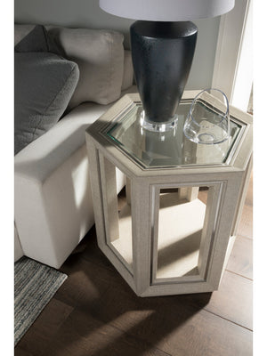 Lexington Artistica Home Zeitgeist Exquisite Linen-inspired Hexagonal End Table With Glass Top And Stainless Steel Accents Antique Linen Wood 2141-952