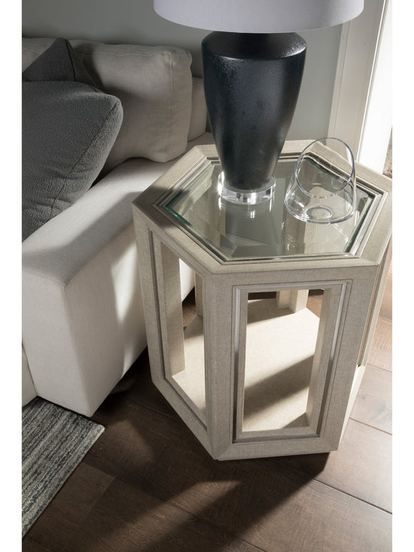 Lexington Artistica Home Zeitgeist Exquisite Linen-inspired Hexagonal End Table With Glass Top And Stainless Steel Accents Antique Linen Wood 2141-952
