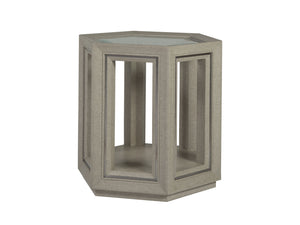 Lexington Artistica Home Zeitgeist Exquisite Linen-inspired Hexagonal End Table With Glass Top And Stainless Steel Accents Antique Linen Wood 2141-952
