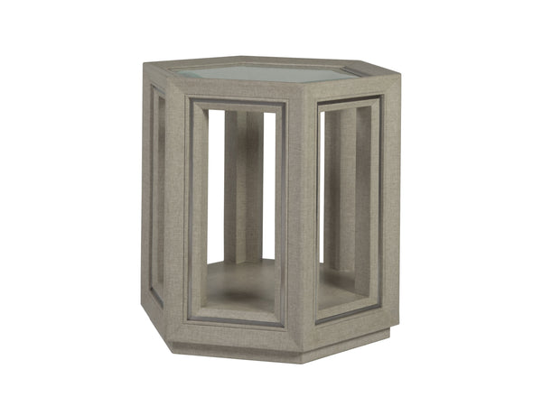 Lexington Artistica Home Zeitgeist Exquisite Linen-inspired Hexagonal End Table With Glass Top And Stainless Steel Accents Antique Linen Wood 2141-952