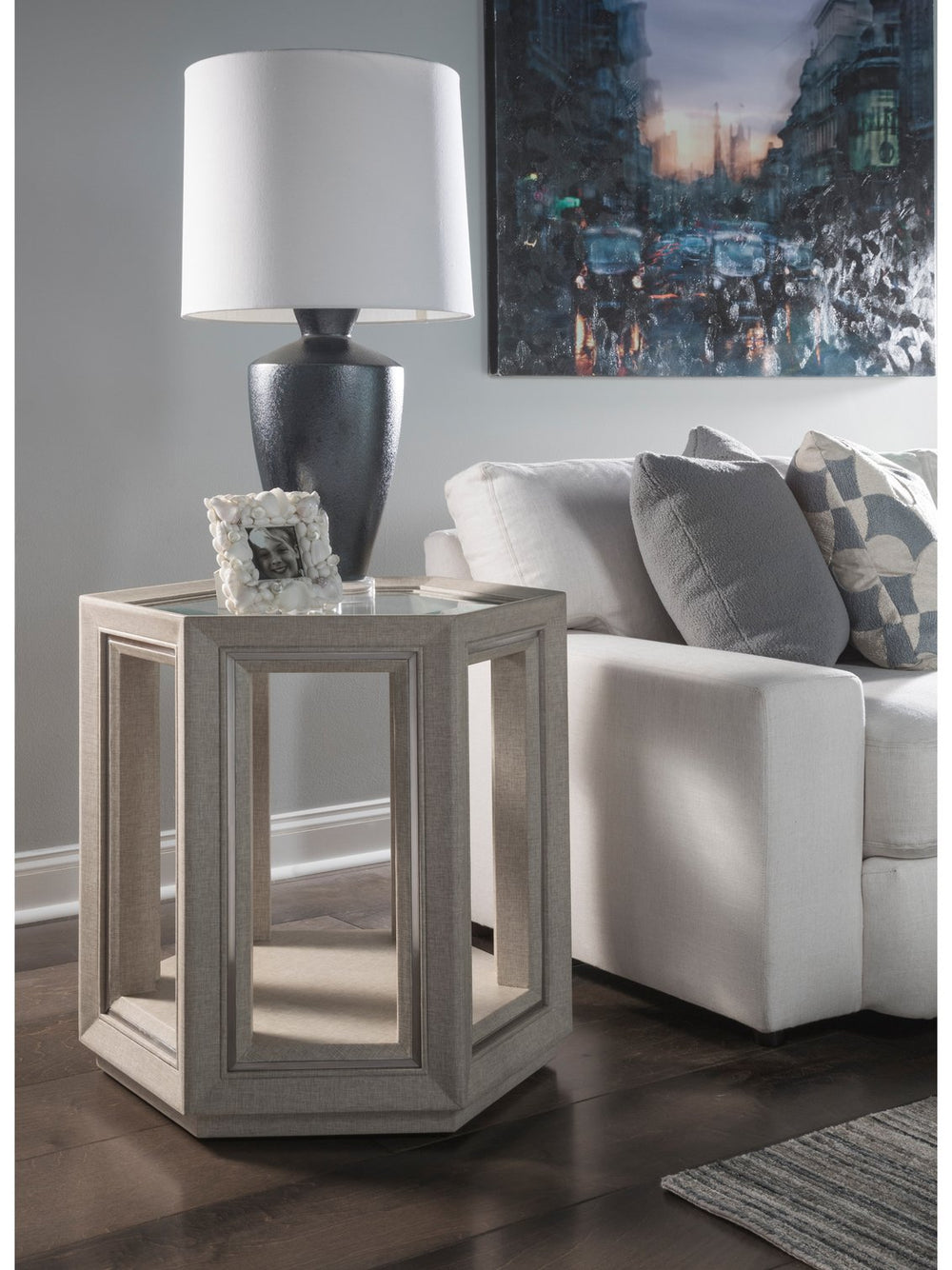 Lexington Artistica Home Zeitgeist Exquisite Linen-inspired Hexagonal End Table With Glass Top And Stainless Steel Accents Antique Linen Wood 2141-952
