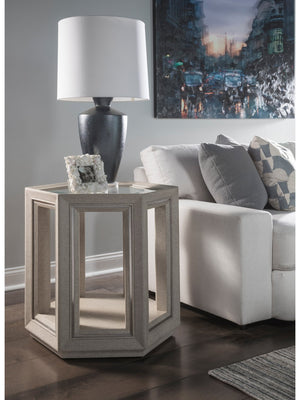 Lexington Artistica Home Zeitgeist Exquisite Linen-inspired Hexagonal End Table With Glass Top And Stainless Steel Accents Antique Linen Wood 2141-952