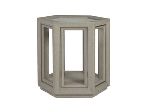 Lexington Artistica Home Zeitgeist Exquisite Linen-inspired Hexagonal End Table With Glass Top And Stainless Steel Accents Antique Linen Wood 2141-952