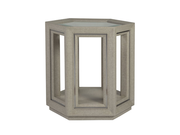 Lexington Artistica Home Zeitgeist Exquisite Linen-inspired Hexagonal End Table With Glass Top And Stainless Steel Accents Antique Linen Wood 2141-952