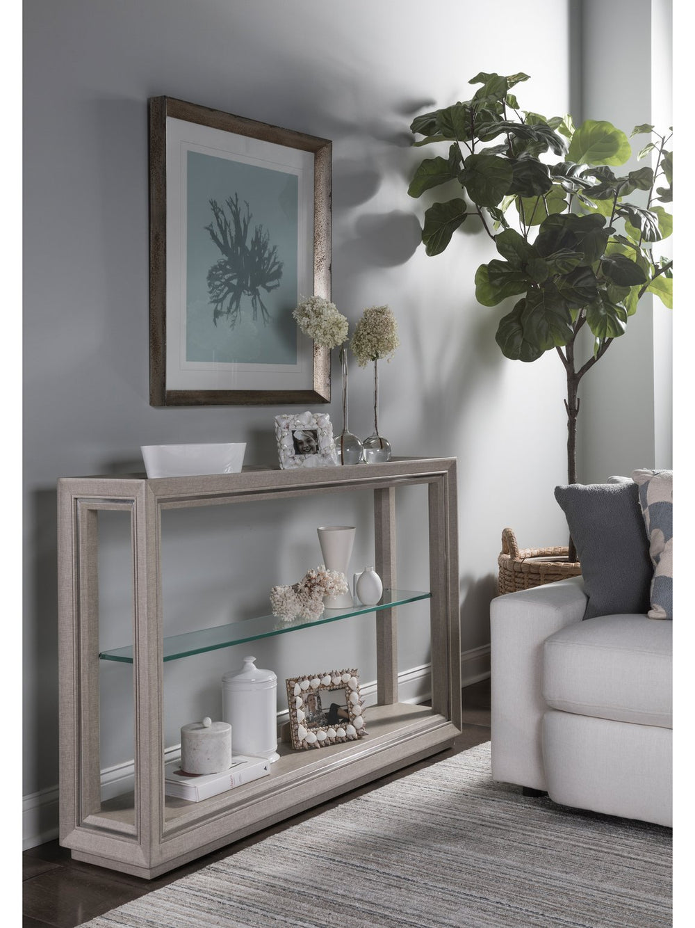 Lexington Artistica Home Zeitgeist Linen Console Table - Elegant Artistry With Glass Top, Unique Textures & Modern Design Antique Linen Wood 2141-966