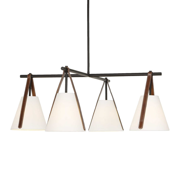 Uttermost Uttermost Reins Four Light Chandelier Matte Black Linen Shades Saddle Strap Detail 21418