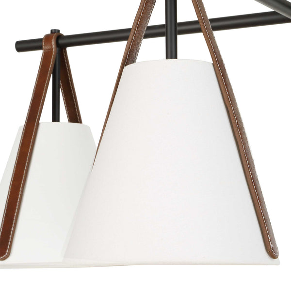 Uttermost Reins Four Light Chandelier Matte Black Linen Shades Saddle Strap Detail