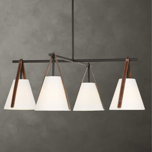 Uttermost Reins Four Light Chandelier Matte Black Linen Shades Saddle Strap Detail