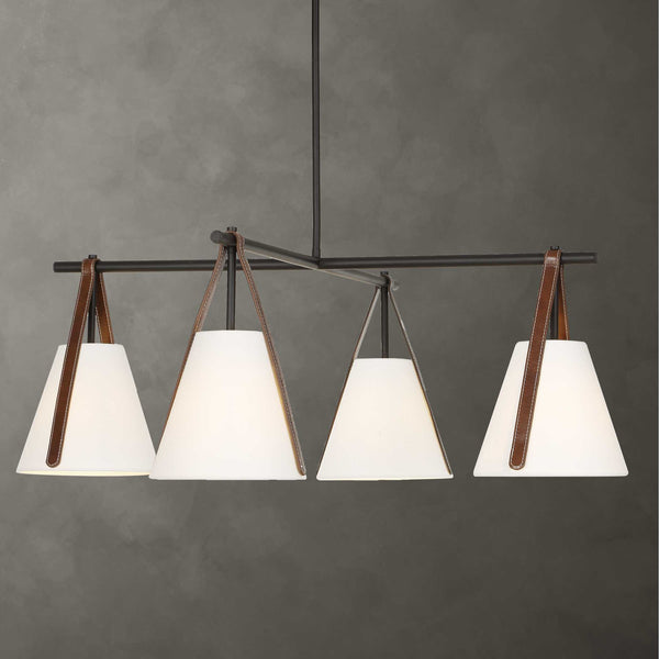 Uttermost Reins Four Light Chandelier Matte Black Linen Shades Saddle Strap Detail
