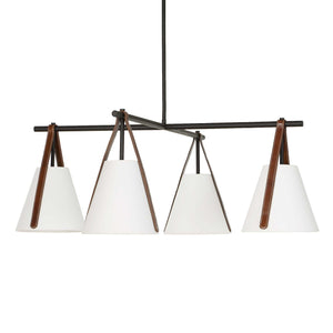 Uttermost Reins Four Light Chandelier Matte Black Linen Shades Saddle Strap Detail
