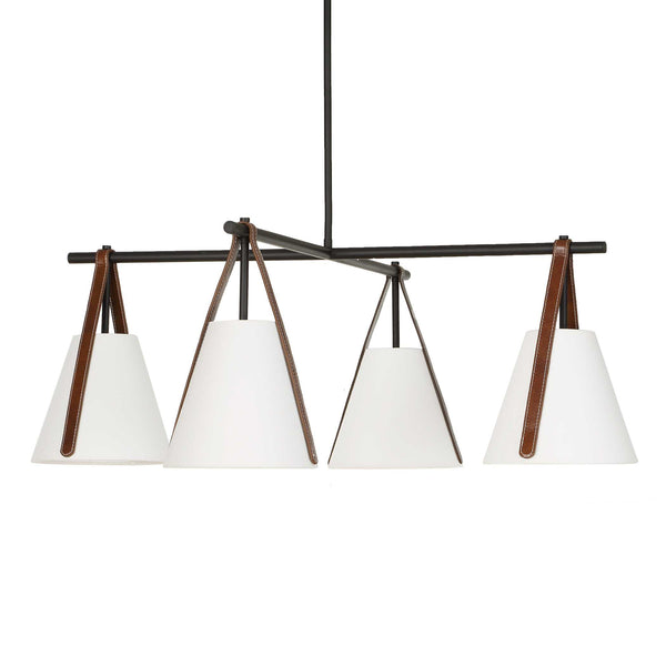 Uttermost Reins Four Light Chandelier Matte Black Linen Shades Saddle Strap Detail