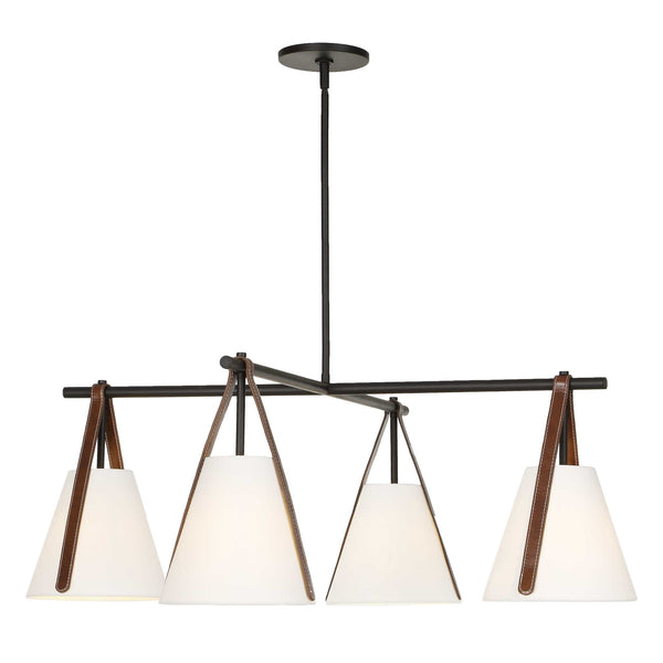Uttermost Reins Four Light Chandelier Matte Black Linen Shades Saddle Strap Detail