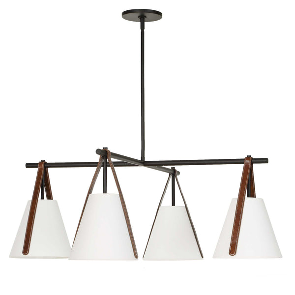 Uttermost Reins Four Light Chandelier Matte Black Linen Shades Saddle Strap Detail