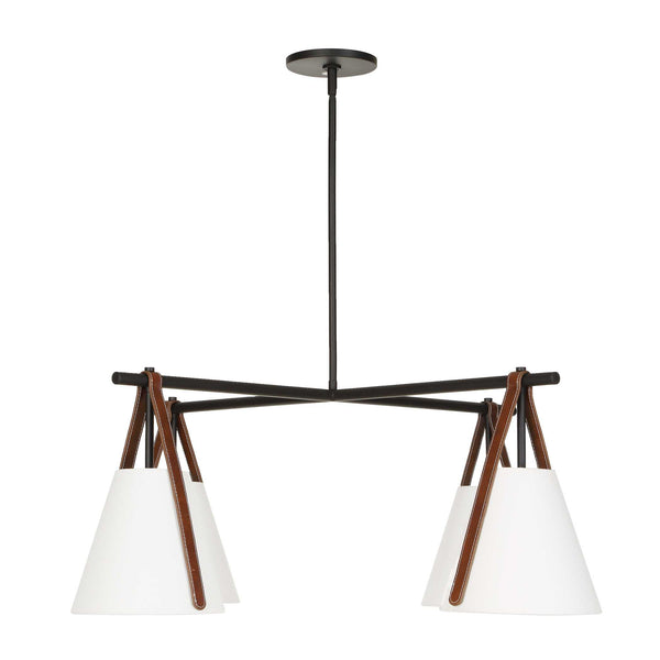Uttermost Reins Four Light Chandelier Matte Black Linen Shades Saddle Strap Detail