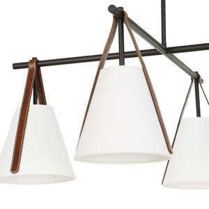 Uttermost Reins Four Light Chandelier Matte Black Linen Shades Saddle Strap Detail