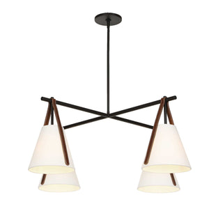 Uttermost Reins Four Light Chandelier Matte Black Linen Shades Saddle Strap Detail