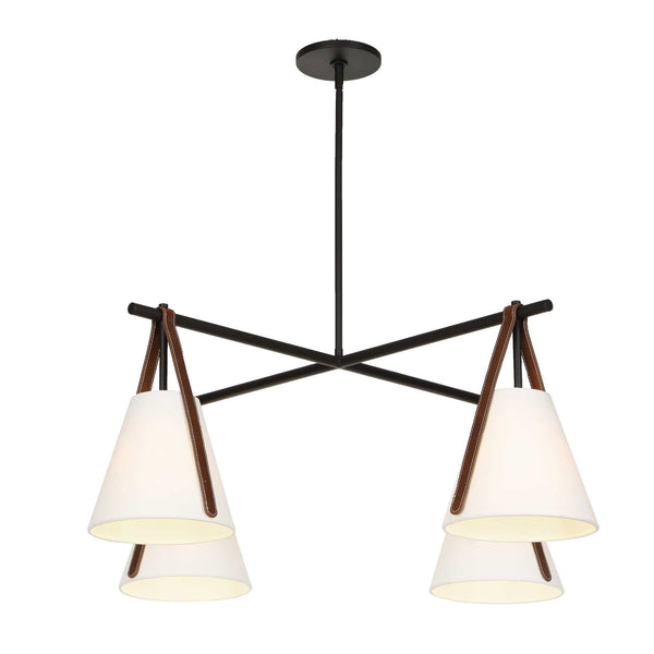 Uttermost Reins Four Light Chandelier Matte Black Linen Shades Saddle Strap Detail