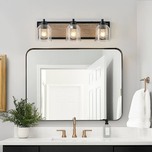 English Elm 23" Farmhouse Vanity Light Fixture – 3-Light Industrial Wall Sconce with Clear Seeded Glass, Black Woodgrain Finish W2312P374826