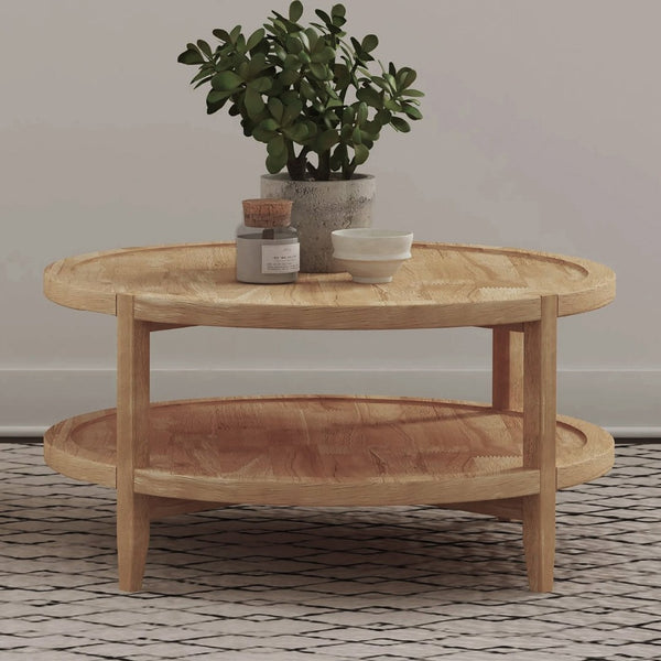 English Elm Round Wooden Coffee Table With Ample Storage Shelf - Stylish Maple Brown Finish For Any Living Space B016P378144-GIGA