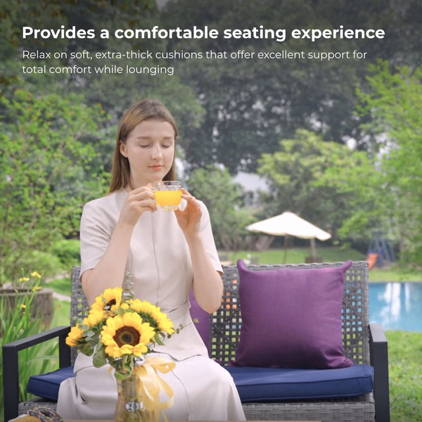 English Elm 4-Piece Patio Set with Acacia Wood Table, Light Gray Rattan & Blue Cushions — Durable, Weather-Resistant Seating for Balcony W2391P265430