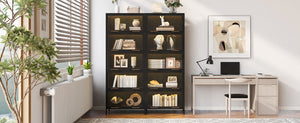 English Elm 76.75'' Tall Steel Barrister Bookcase with Led Lit Shelves and Brass Hardware Display Black SN845P397473B