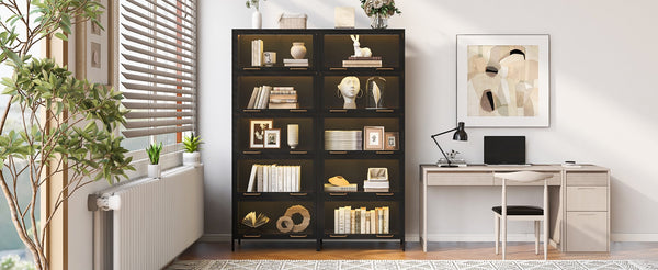 English Elm 76.75'' Tall Steel Barrister Bookcase with Led Lit Shelves and Brass Hardware Display Black SN845P397473B