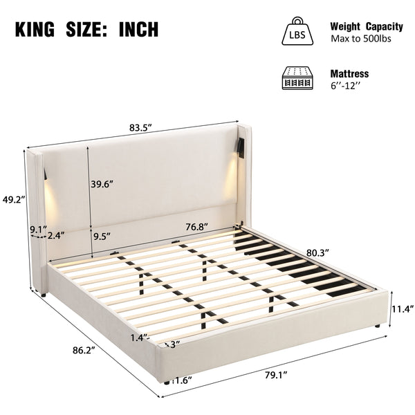 English Elm Christopher Knight Home® - King Size Upholstered Bed Frame With Wingback Headboard, Usb Charging & Adjustable Reading Lamp N757P235229B