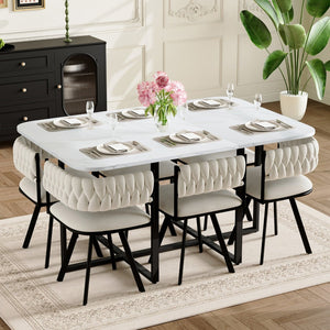 English Elm 7-piece Dining Set Tufted Velvet Chairs Melamine Table Modern Farmhouse Kitchen Beige,White W3875S00117