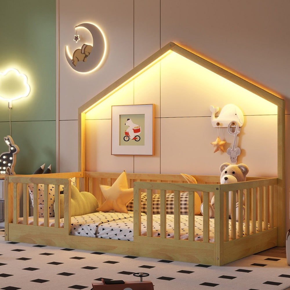 English Elm Twin Montessori Floor Bed House Frame with Led Lighting and Safety Rails for Kids W2593P440601