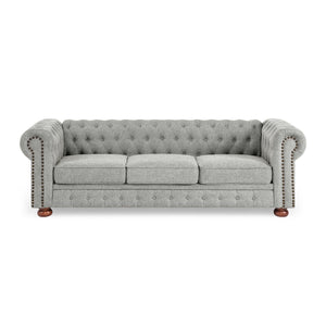 English Elm Chesterfield Linen Tufted 3-Seater Sofa with Scrolled Arms and Nailhead Trim, Durable Plywood Frame Gray W1413S00094
