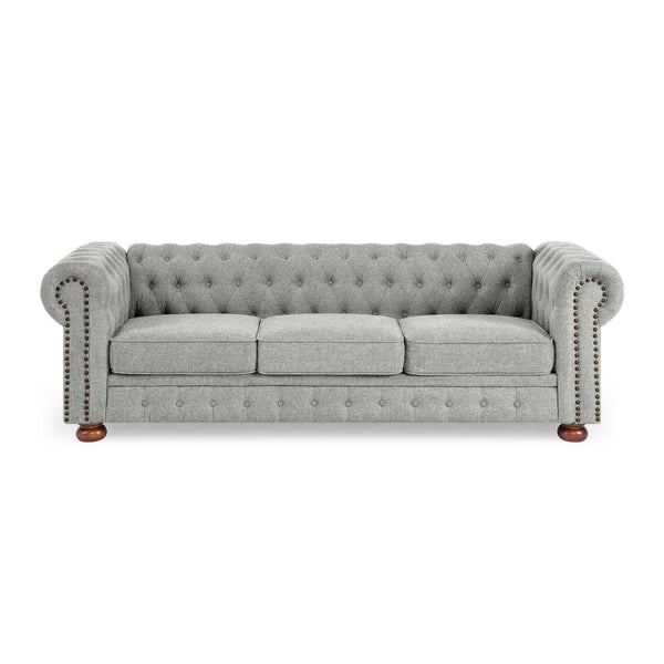 English Elm Chesterfield Linen Tufted 3-Seater Sofa with Scrolled Arms and Nailhead Trim, Durable Plywood Frame Gray W1413S00094