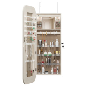 English Elm Jewelry Cabinet Armoire With Full-Length Mirror, Lighted Organizer, Lockable Storage & Modern Design W3406P340449