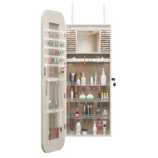 English Elm Jewelry Cabinet Armoire With Full-Length Mirror, Lighted Organizer, Lockable Storage & Modern Design W3406P340449