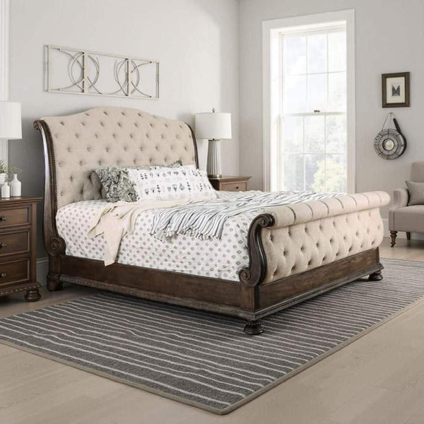 English Elm Rustic Solid Wood Queen Sleigh Bed with Button Tufted Beige Linen Upholstered Frame B2741S00864