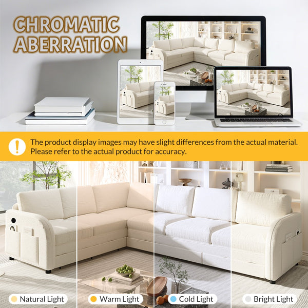 English Elm 115.2" Oversized Teddy Fabric Sectional Sleeper Sofa with Usb Ports and Modular Chaise Beige+White W1885S00316