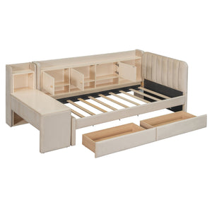 English Elm Twin Upholstered Daybed with Velvet Finish, High Back Shelves, Flip Cabinets, Drawers & Side Table Beige SF000196AAA