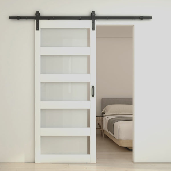 English Elm 30 in Matte Black Steel Sliding Barn Door Frosted Glass Privacy Panel with Hardware B2763P483232