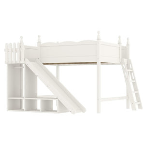 English Elm Queen Solid Pine Loft Bed with Wardrobe Shelves Detachable Slide and Dual Sleeping Zones Beige W5305S00028