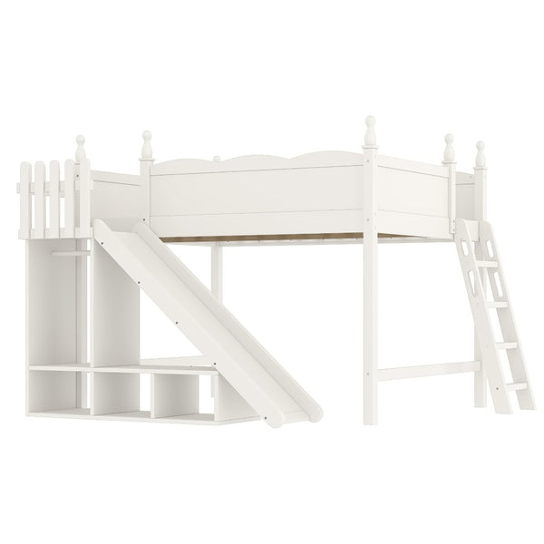 English Elm Queen Solid Pine Loft Bed with Wardrobe Shelves Detachable Slide and Dual Sleeping Zones Beige W5305S00028