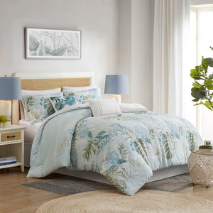 JLA Home Harbor House Blue - 6 Oversized Cotton Comforter Set Tropical Coastal Print, Hypoallergenic, OEKO‑TEX, Machine Washable Bed Ensemble HH10-1850