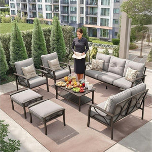 English Elm 7-piece Outdoor Sectional Set Steel Frame 9 Seat Patio Conversation with Cushioned Ottomans Gray B082S00125