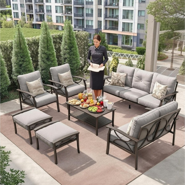 English Elm 7-piece Outdoor Sectional Set Steel Frame 9 Seat Patio Conversation with Cushioned Ottomans Gray B082S00125