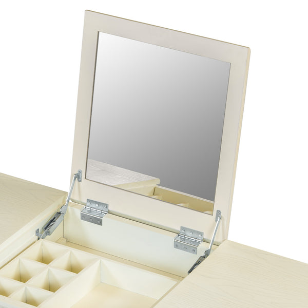 English Elm 2-in-1 Vanity Desk with Flip Mirror and Ample Storage — White Oak Dressing Table & Workstation N844P292487E